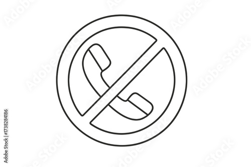 No phone calls icon. Vector line art of a prohibited telephone sign. Quiet zone or silent area symbol. Turn off mobile phone warning. Do not disturb concept illustration.