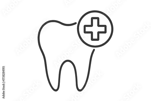 Dental care icon with medical cross over tooth. Thin line logo for dentistry clinic. Oral hygiene and healthcare concept. Vector cartoon illustration for stomatology and medicine.