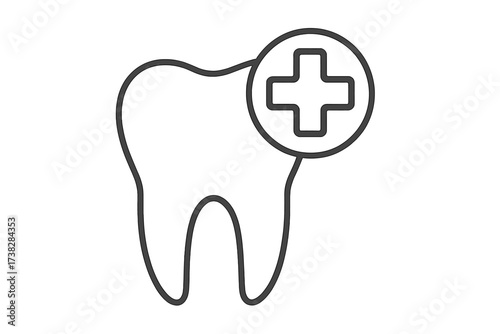 Tooth care icon. Dental health protection symbol. Line art vector illustration for dentist clinic, stomatology, and oral hygiene. Medical cross sign for healthy teeth treatment.
