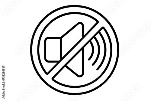 Mute icon, no sound symbol. Prohibited pictogram for silent mode, audio off. Vector illustration for web, apps. Quiet zone, no noise sign. Volume off button, soundless logo.