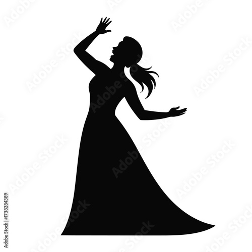 Elegant silhouette of a woman in a ball gown with arms raised