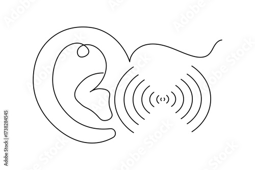Minimalist continuous one line drawing of a human ear with sound waves, symbol of hearing, listening, and communication