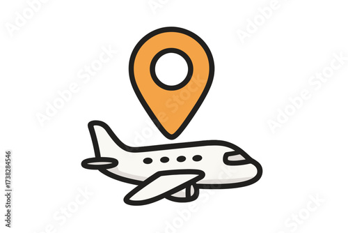 Airplane with map pin. Flight destination, air travel, and tourism concept. Vector icon for navigation, GPS, location tracking, holiday journey, and vacation booking app.
