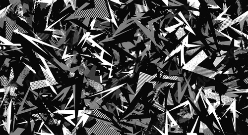 Abstract Sharp Geometric Fragments Pattern in Black, White, and Gray. Modern Chaotic Textured Background for Design.