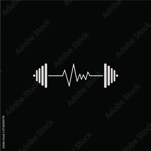 White barbell with heartbeat line on black background, symbolizing strength, health, and active lifestyle. Fitness and pulse combined in one minimalist sport icon for training motivation.
