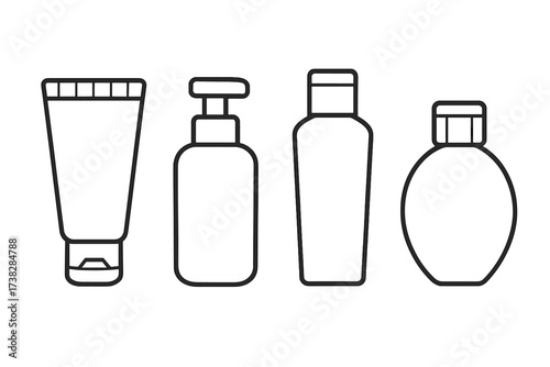 Cosmetic bottle line icons. Skincare packaging symbol set. Vector tube, dispenser, shampoo container illustration. Beauty product graphic element for web design, app interface, spa.