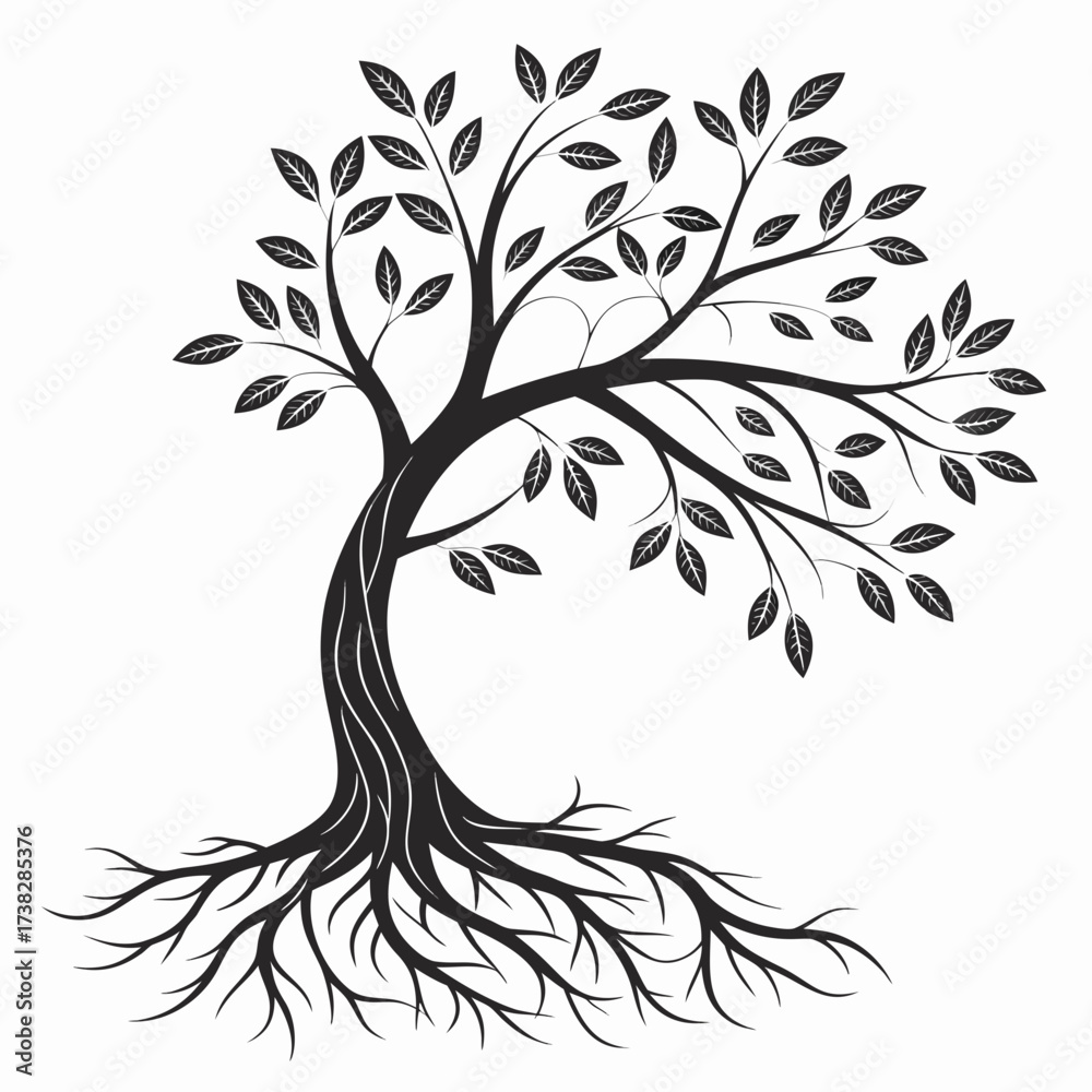 Obraz premium Silhouette of a tree with roots and leaves