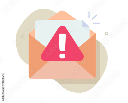 Email document with fraud important caution alert exclamation mark notification icon vector graphic illustration flat cartoon modern style design, security phishing electronic message warning sign