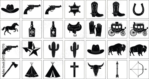 Western cowboy icons set with revolver, sheriff badge, boots, horse, cactus, whiskey, stagecoach, bison, hat, bow, cross, tomahawk