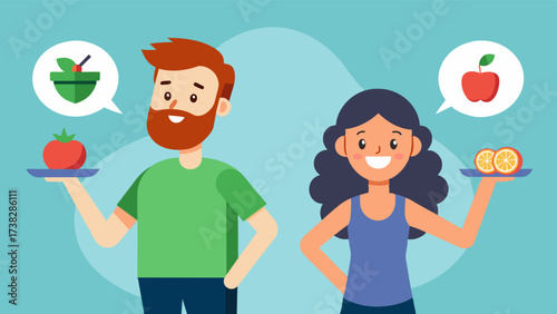 As his sister boasted about her strict new diet plan the man smiled and rejected the idea knowing that true health and fitness comes from balance not deprivation.. Vector illustration