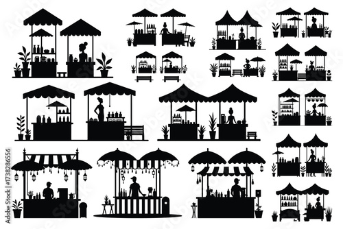 Silhouette market stalls with vendors and products