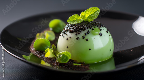 Elegant green dome dessert with mint leaves, black sesame seeds, and gourmet garnish on a glossy black plate
