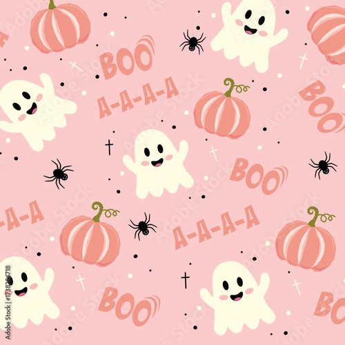 Cute Halloween-themed pattern featuring ghosts, pumpkins, and spiders on a pink background. Perfect for festive designs and decorations