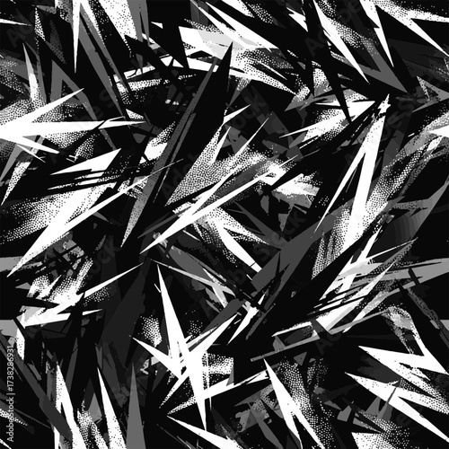 Abstract monochrome seamless pattern with sharp, angular, jagged forms and distressed grunge texture, ideal for modern graphic design backgrounds.