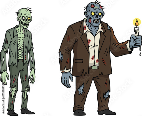 Creepy cartoon zombie men illustration, scary undead characters, horror monster drawing, spooky skeleton art, frightening Halloween design, evil ghouls with candle