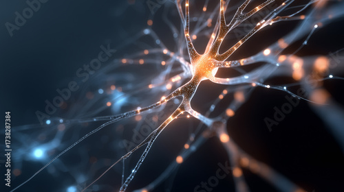 3D visualization of active neurons transmitting electrical signals across a complex neural network in the brain
