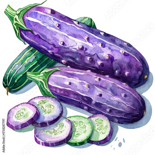  2D design Vector illustration, My Watercolor, hand-painted, simple, flat sliced cucumber rounds painting illustration isolated on a white background, EPS format design. vector illustration