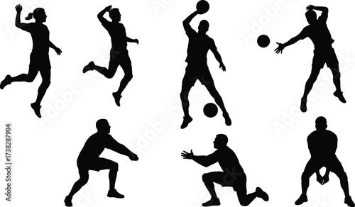 Collection of seven black silhouette people playing volleyball on white background player sport