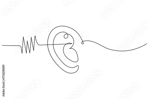 Minimalist continuous one line drawing of a human ear with sound waves, symbol of hearing, listening, and communication