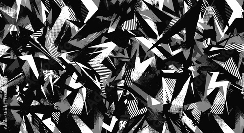 Dynamic Abstract Geometric Black and White Pattern with Shattered Fragments and Sharp Edges for Modern Backgrounds