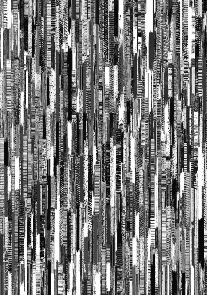Fototapeta premium Abstract vertical lines pattern in shades of black, white, and gray, creating a modern digital art background texture with a glitch aesthetic.