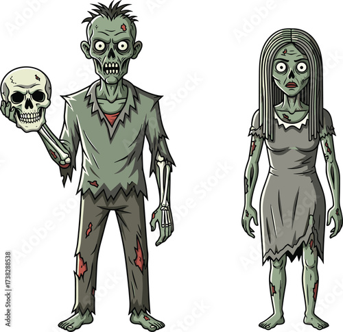 Creepy cartoon zombies illustration, scary undead couple, horror skeleton characters, spooky Halloween drawing, frightening monster art, evil ghouls with skull design