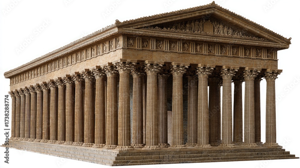 Fototapeta premium Detailed model of an ancient temple showcasing classical architecture and intricate column designs, set against a neutral background in a well-lit studio