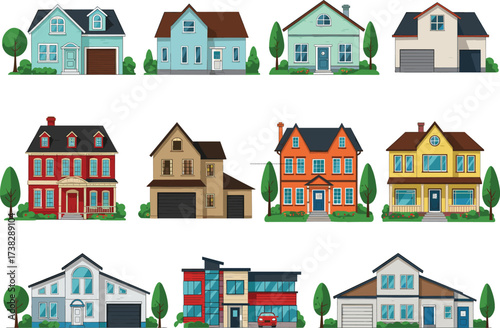 Cartoon house collection illustration, modern residential building vector, suburban home design, real estate property icon, neighborhood architecture concept, colorful family house clipart