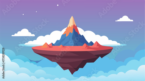 A surreal scene of a lone mountain surrounded by a sea of clouds giving the illusion of floating in the sky.