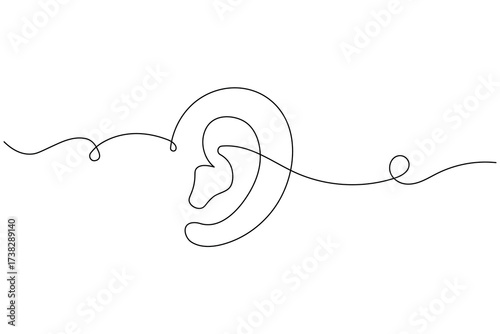 Minimalist continuous one line drawing of a human ear with sound waves, symbol of hearing, listening, and communication