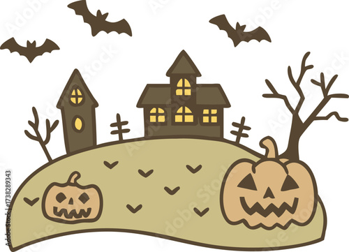 Spooky Halloween haunted house with pumpkins and bats illustration vector
