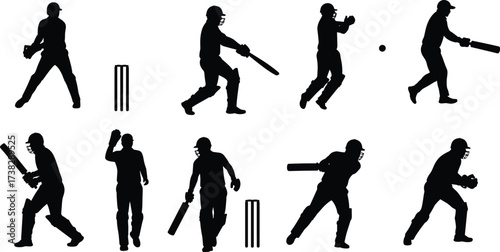 Collection of ten black silhouette cricket players and stumps on white background sport game
