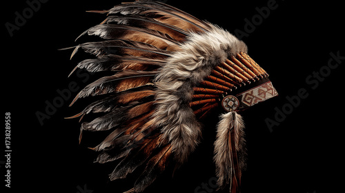 Traditional Native American feathered war bonnet with intricate beadwork and natural feathers on black background
