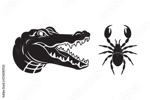 Black silhouette of alligator head and scorpion