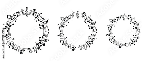 Black music staff and various notes round frame. set vector illustration of music themed frames. circular, round, decorated with musical notes. Musical notes melody vector illustration.