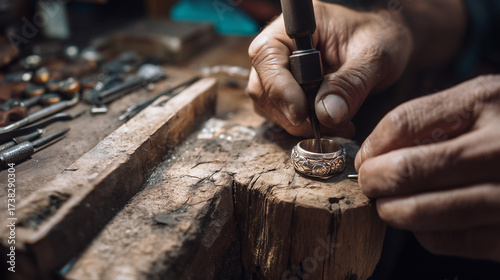 Close-up of jeweler's hands engraving intricate details on a ring using specialized tools at a rustic workbench
