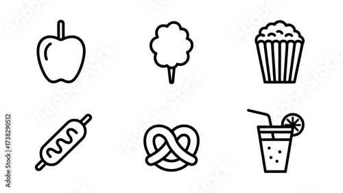 Vector Illustration of apple, cotton candy, popcorn, corn dog, pretzel, and lemonade for fair or carnival food concept