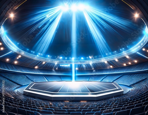 illuminated stage and arena a futuristic octagon stage is lit up by spotlights in a stadium