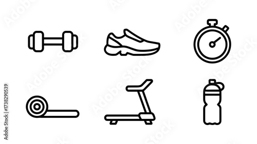 Vector art of fitness and gym equipment icon set includes dumbbell, shoe, stopwatch, yoga mat, treadmill, and water bottle