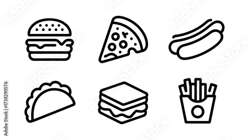 Vector art of fast food icons featuring burger, pizza, hot dog, taco, sandwich, and french fries in a simple, clean design