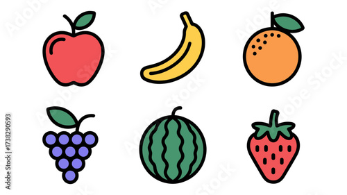 Vector Illustration of an apple, banana, orange, grapes, watermelon, and strawberry, showcasing a variety of fresh fruits