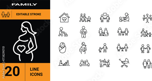 Family Icons Set Pregnancy, Newborn, Parents, Children, Love, Home and Generations - 20 Line Graphics
