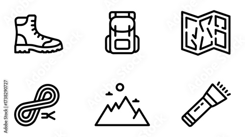 Vector art of hiking equipment icons boot, backpack, map, rope, mountain, and flashlight for outdoor adventure and exploration