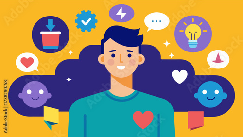 He surrounds himself with positive influences and learns to tune out the toxic messages that bombard him every day.. Vector illustration