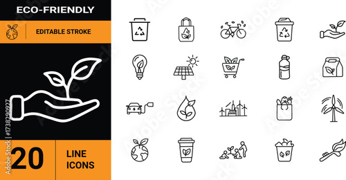 Eco-Friendly Outline Icons Sustainable Living, Recycling, Renewable Energy, and Green Transportation for a Healthier Planet