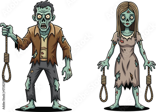 Scary cartoon zombie couple illustration, creepy undead characters, horror monster drawing, spooky skeleton artwork, frightening Halloween design, evil ghouls holding rope noose