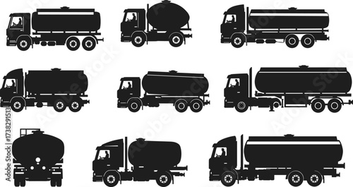 Collection of nine detailed tanker truck vector silhouettes with different tank shapes, industrial transport vehicles, fuel delivery trucks, and logistics illustration
