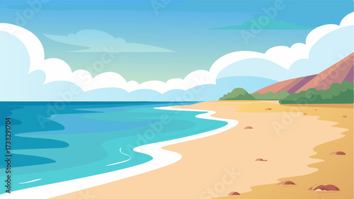 A tranquil shoreline with soft powdery sand and gentle swells perfect for a peaceful beach walk.