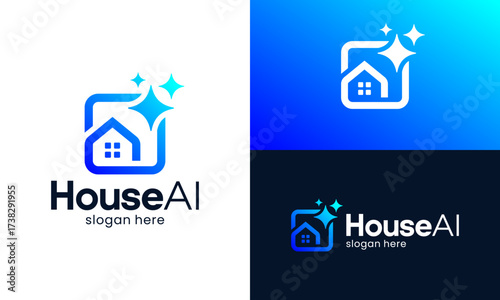 Generative Ai logo design. House building icon with magic sparkle stars graphic design. Ai home symbols. Artificial intelligence symbol icon element for app and web