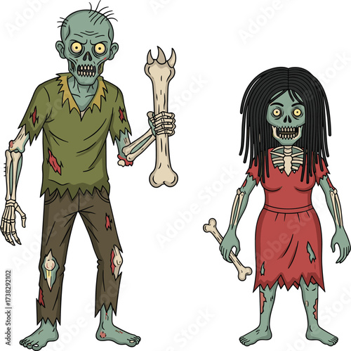 Scary cartoon zombies illustration, creepy undead characters, horror skeleton figures, spooky Halloween design, evil monsters with bones, frightening artwork for decoration